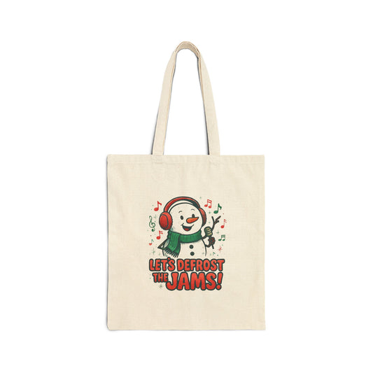 Holiday Snowman Tote – “Let’s Defrost the Jams!” Cotton Canvas Bag