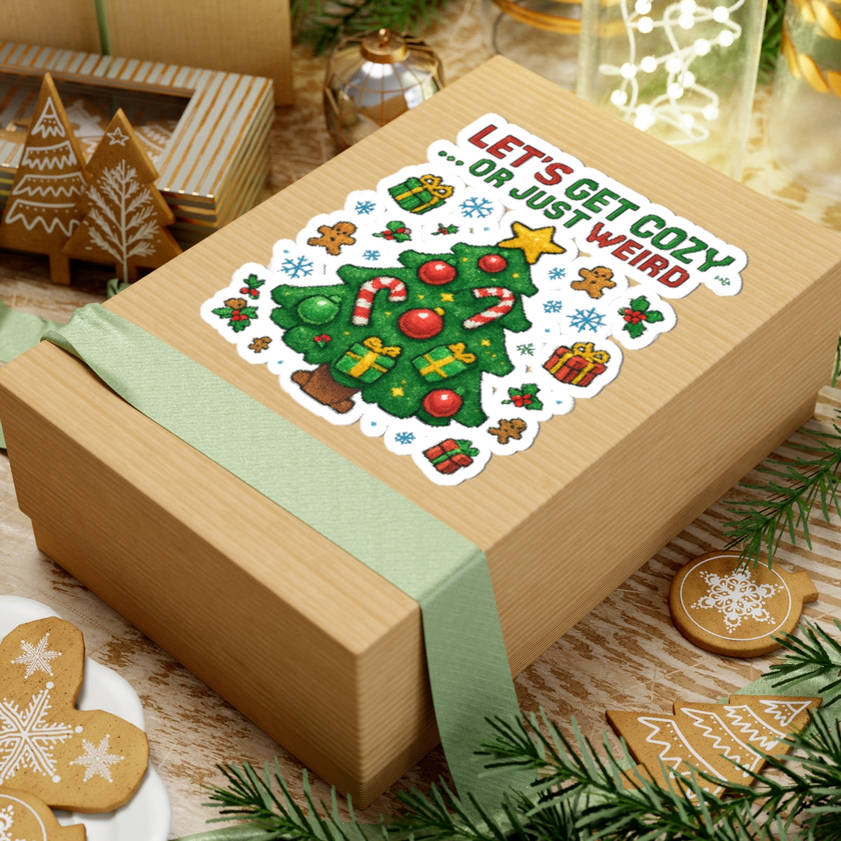 Holiday Tree Sticker — "Let’s Get Cozy...Or Just Weird" Kiss-Cut Sticker