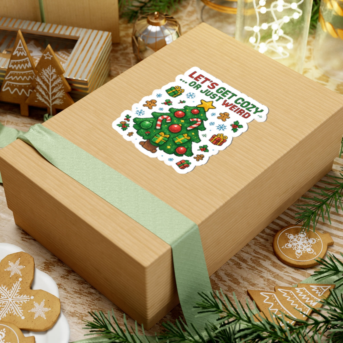 Holiday Tree Sticker — "Let’s Get Cozy...Or Just Weird" Kiss-Cut Sticker