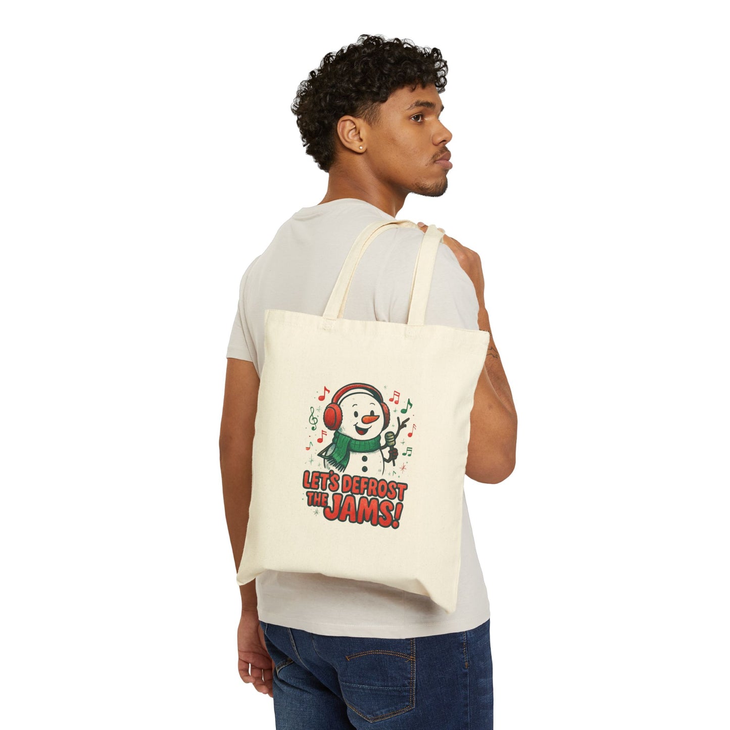 Holiday Snowman Tote – “Let’s Defrost the Jams!” Cotton Canvas Bag